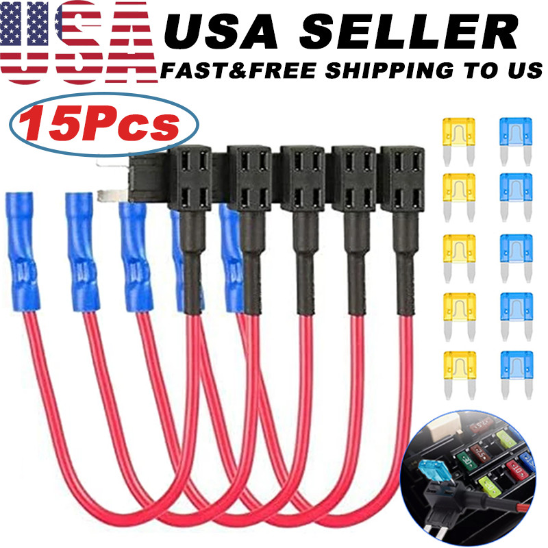 15Pcs Fuse TAP ADAPTER KIT 12V 15 Amp 20Amp Car Add-a-circuit Mini ATM APM Blade