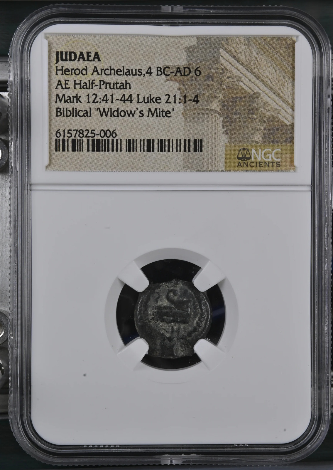 Herod Archelaus (4 BC–AD 6) Judaea AE Half-Prutah NGC Widow\'s Mite
