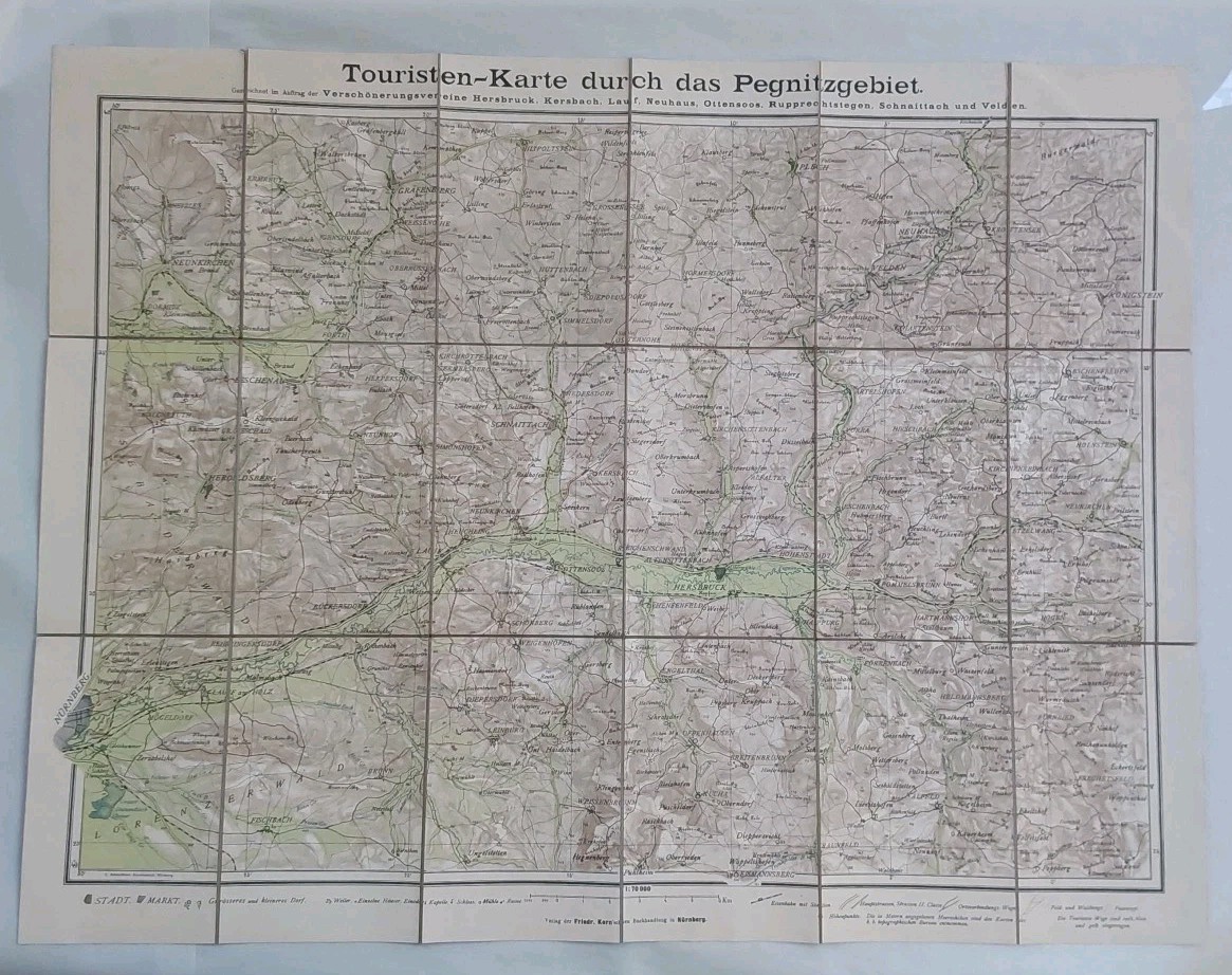 Antique Royal Bavarian Topographical Bureau Travel Map Pegnitz Region Very Nice.