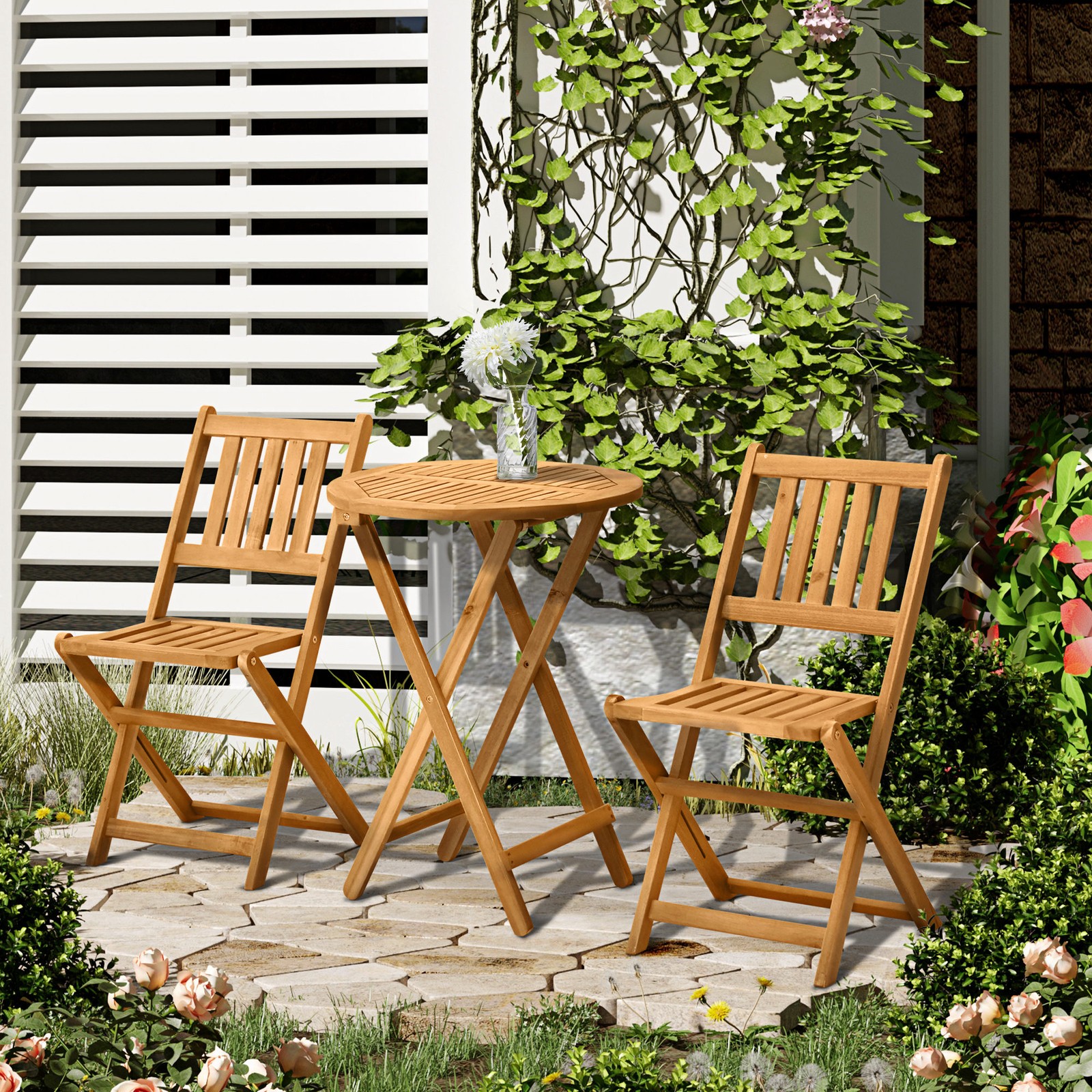3 Piece Folding Acacia Wood Outdoor Patio Bistro Table and Chair Set