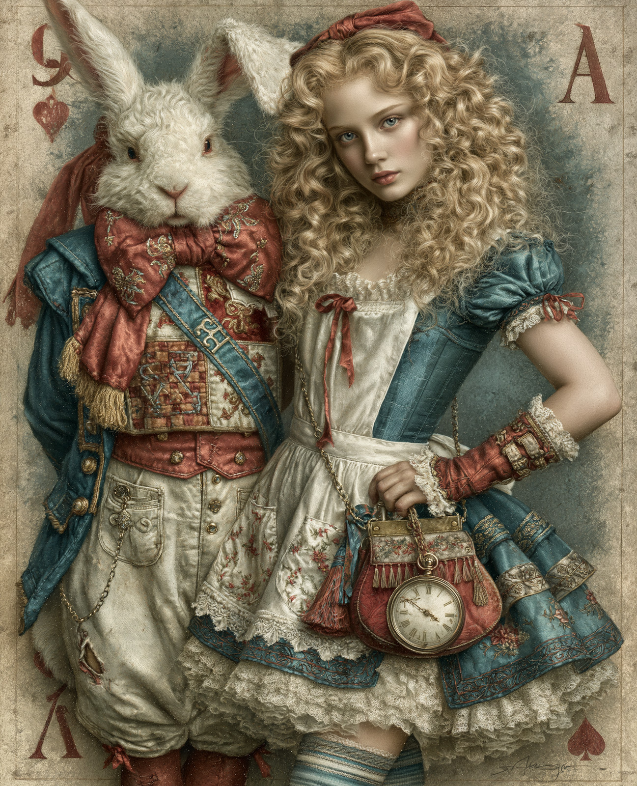 Alice and White Rabbit in Ornate Blue Wonderland Attire Art/506860784