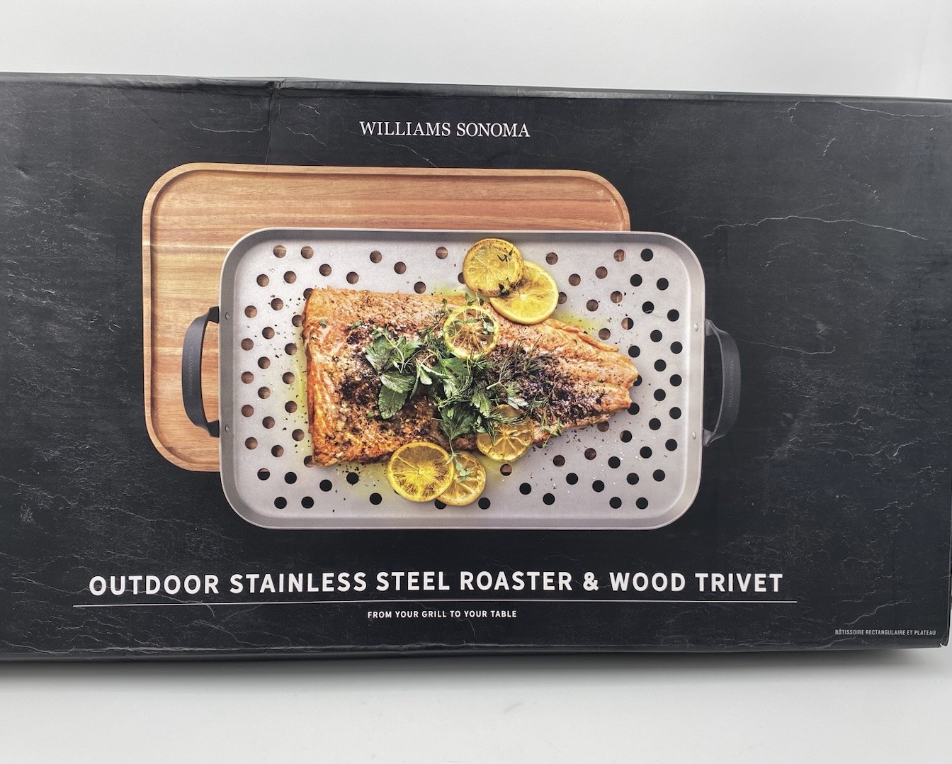 NEW Williams Sonoma Outdoor Stainless Steel Roaster Pan & Wood Trivet Set Grill