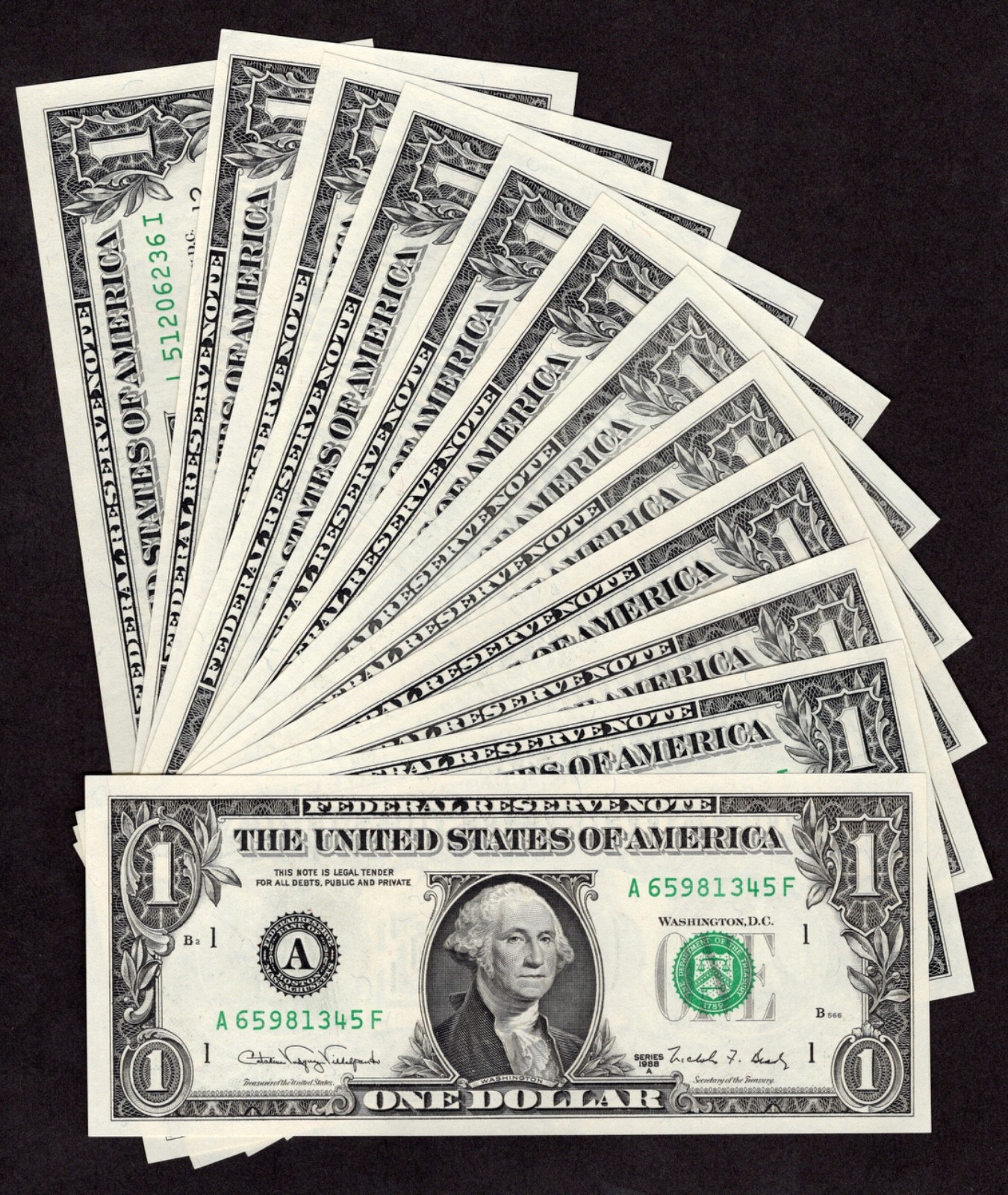1988A $1 Complete District Set. 12 Crisp & Uncirculated Banknotes. A to L 1988A $1 Complete District Set. 12 Crisp & Uncirculated Banknotes. A to L