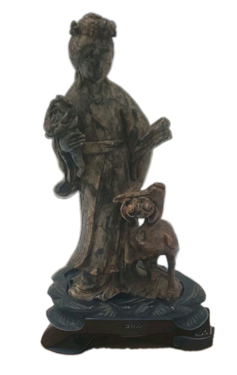 Antique Chinese Russett Jade Hand Carved Quanyin with Crane and Original Stand Antique Chinese Russett Jade Hand Carved Quanyin with Crane and Original Stand