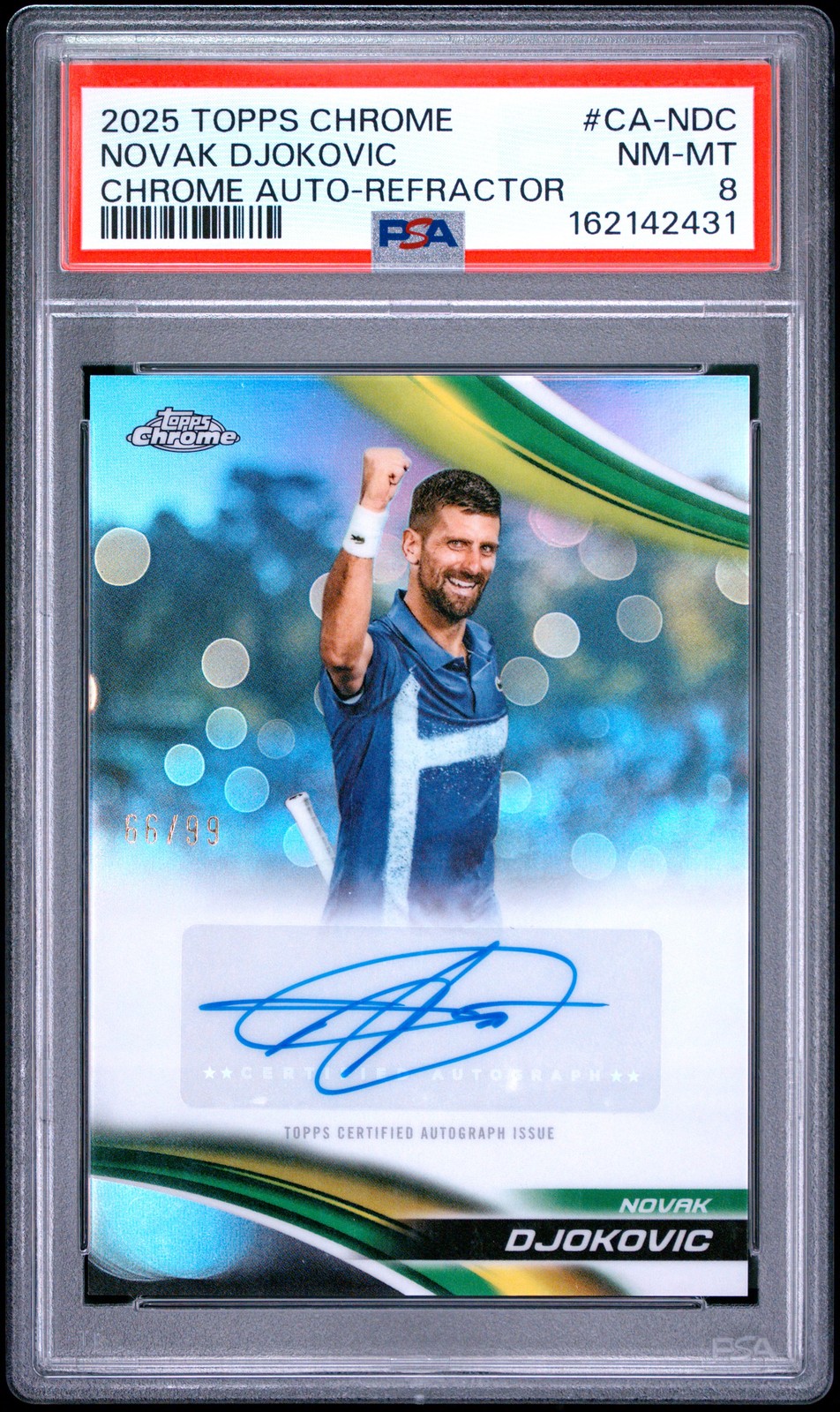 2025 TOPPS CHROME TENNIS CHROME AUTOS REFRACTOR NOVAK DJOKOVIC 66/99 PSA 8
