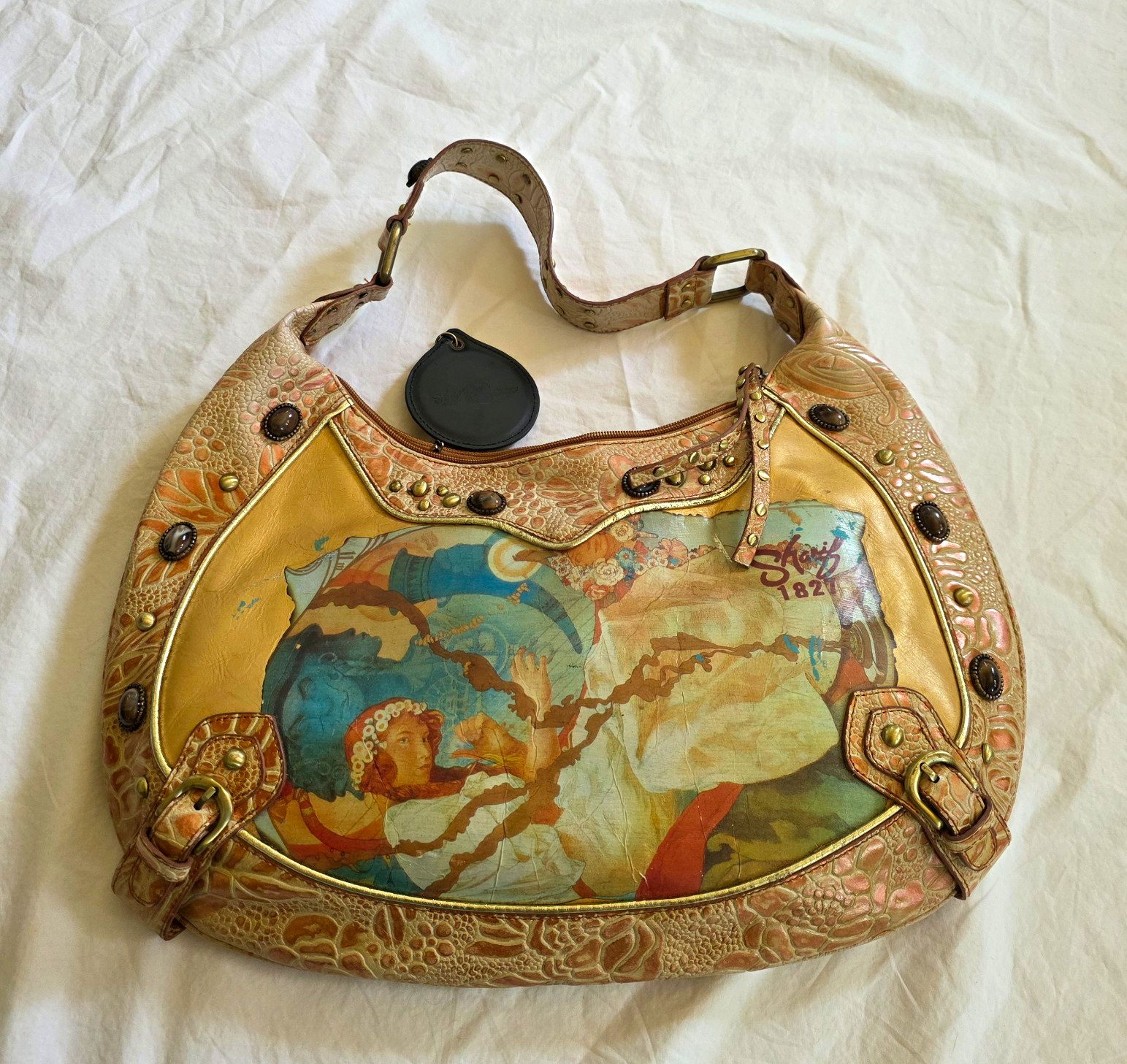 Gorgeous Rare Y2K Sharif Couture Vintage Hand Painted Leather Hobo Bag Studded Gorgeous Rare Y2K Sharif Couture Vintage Hand Painted Leather Hobo Bag Studded