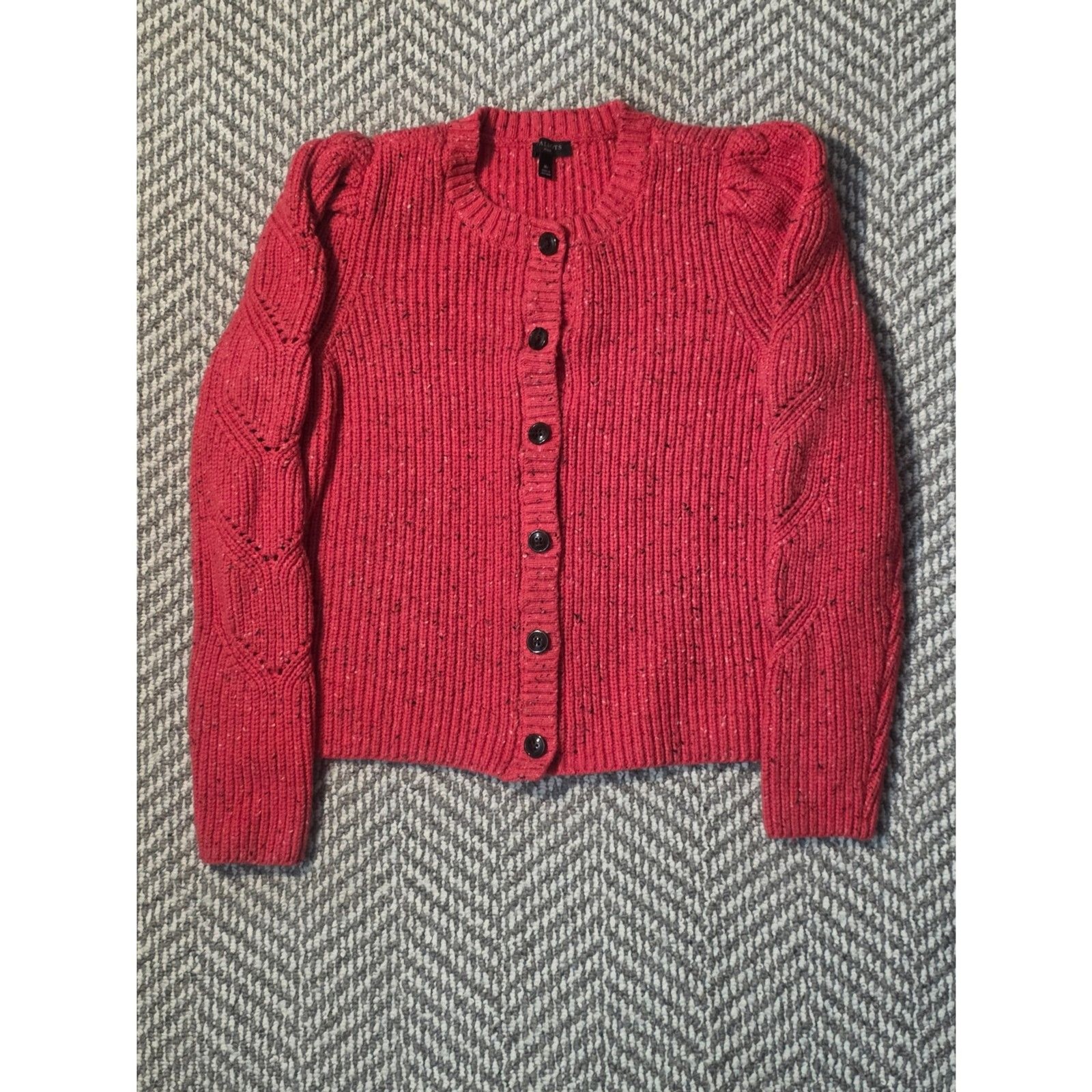 Talbots Petite Coral Pink Red Flecked Ribbed Puff Sleeve Cardigan Sweater MP Talbots Petite Coral Pink Red Flecked Ribbed Puff Sleeve Cardigan Sweater MP