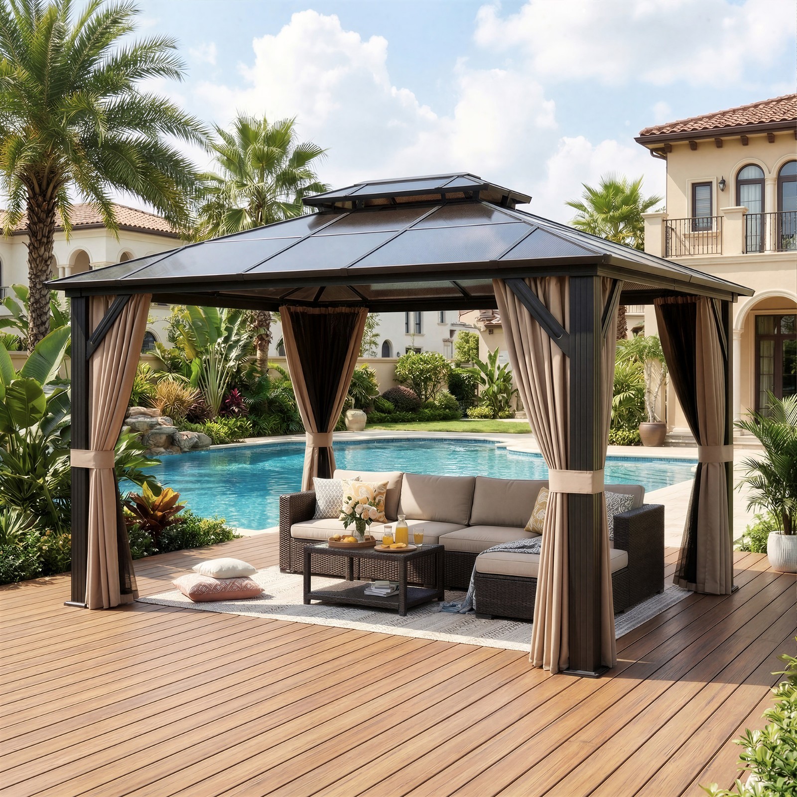 10 x 12 FT Outdoor PC Double Roof Gazebo with Nettings,Curtains,Aluminum Frame