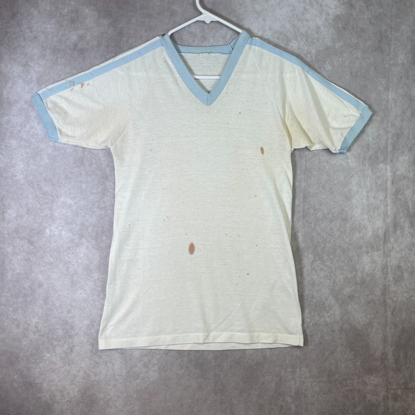 VINTAGE 70s Paper Thin Ringer Shirt Adult XS White Single Stitch Thrashed Worn VINTAGE 70s Paper Thin Ringer Shirt Adult XS White Single Stitch Thrashed Worn