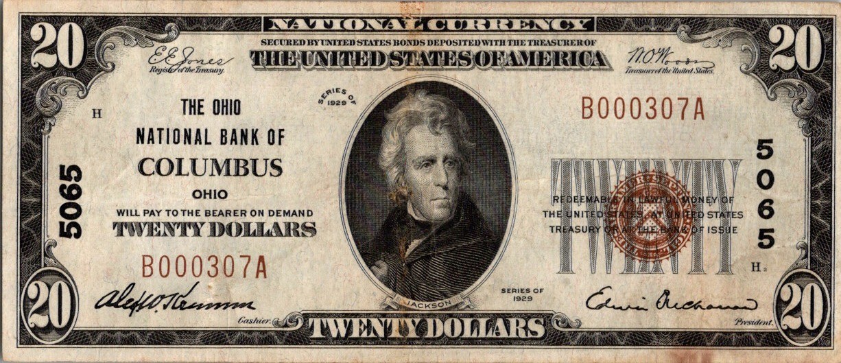 1929 $20 National Currency Note Ohio National Bank Columbus VF Jackson 1929 $20 National Currency Note Ohio National Bank Columbus VF Jackson