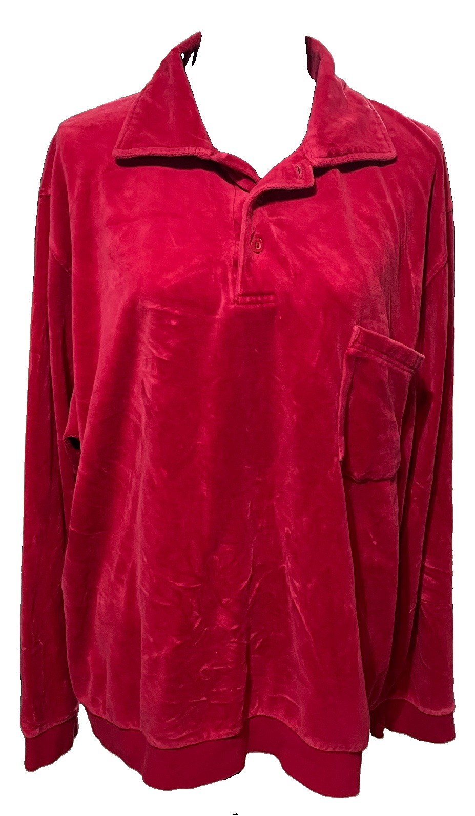 Vtg 80s John Blair Men Velour Sweater Polo Shirt Long Sleeve Red XXL Grandpacore
