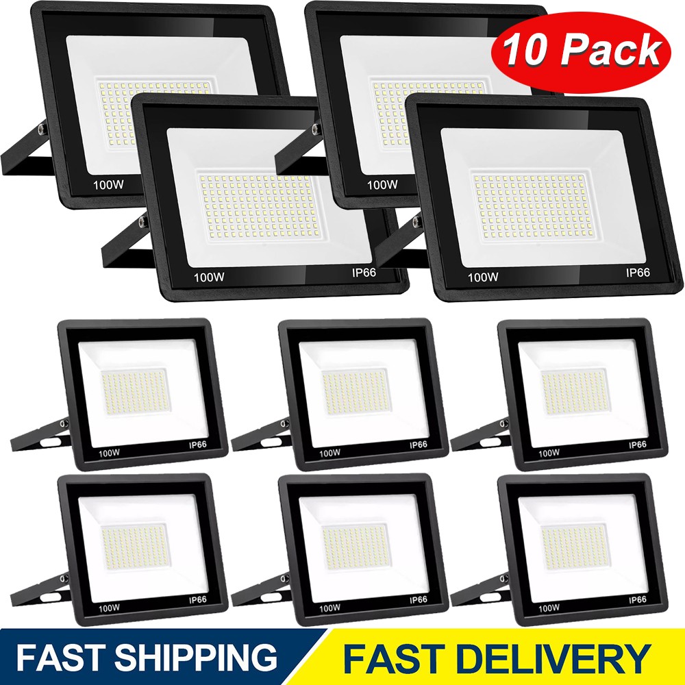 10 Pack 100W LED Flood Light Outdoor Super Bright Security Light IP66 Waterproof