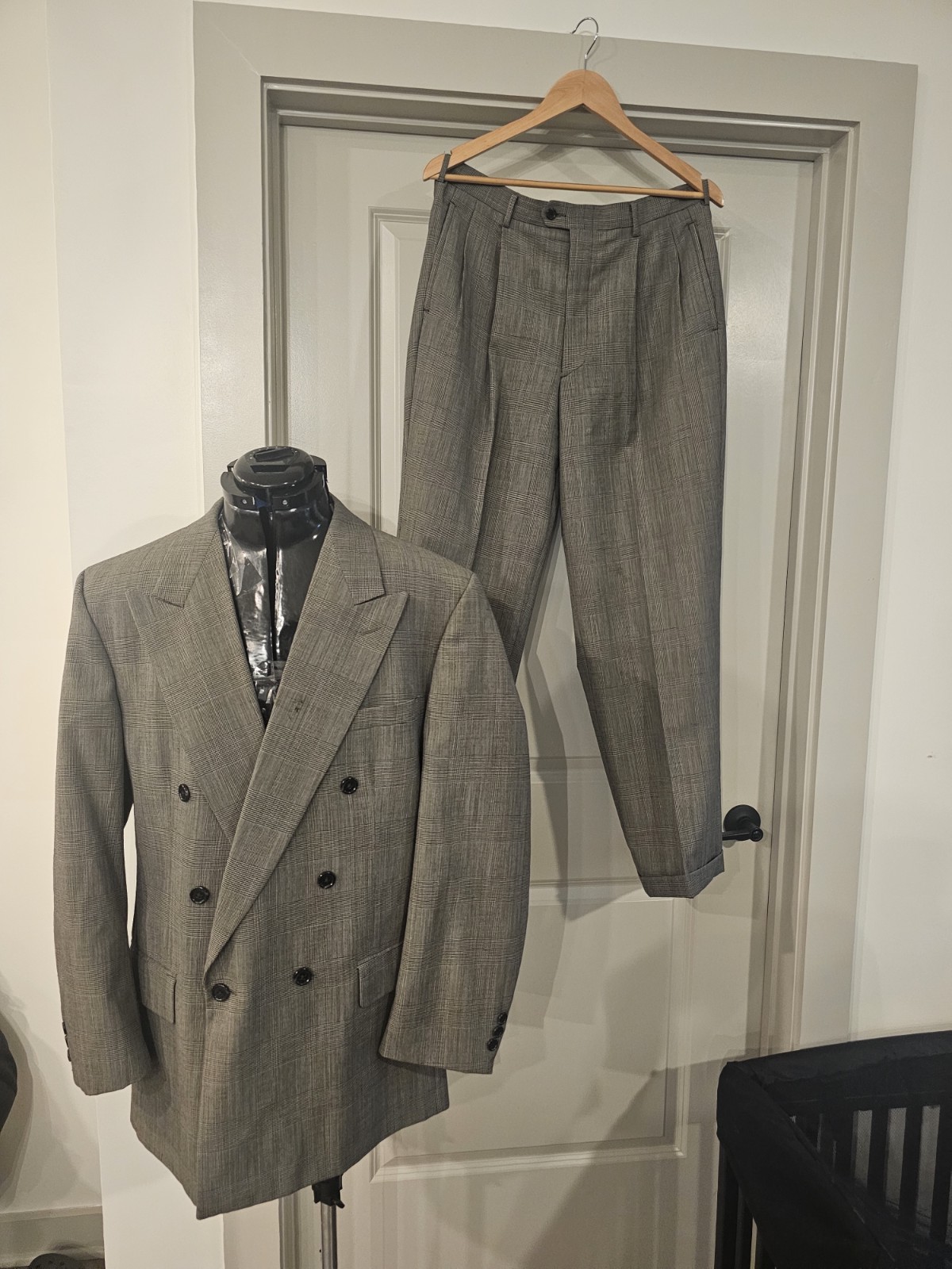 Vintage Gerald Austin Wool Charcoal Grey Men Double Breasted Suit 42R