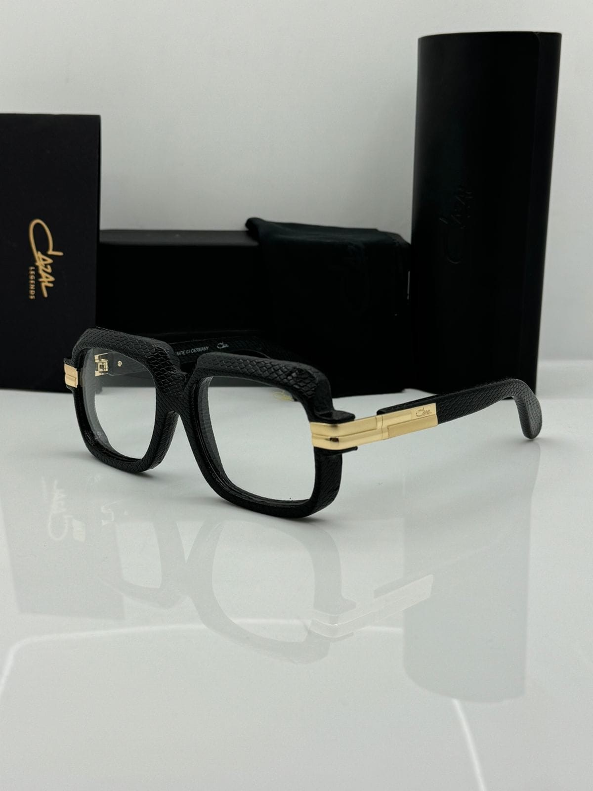 Cazal Glasses Leather Snakeskin Black Square Bold Eyeglasses