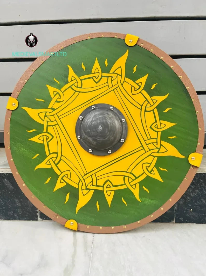 Handcrafted Viking Round Shield Green Norse Knot Wood Iron Leather LARP Gift