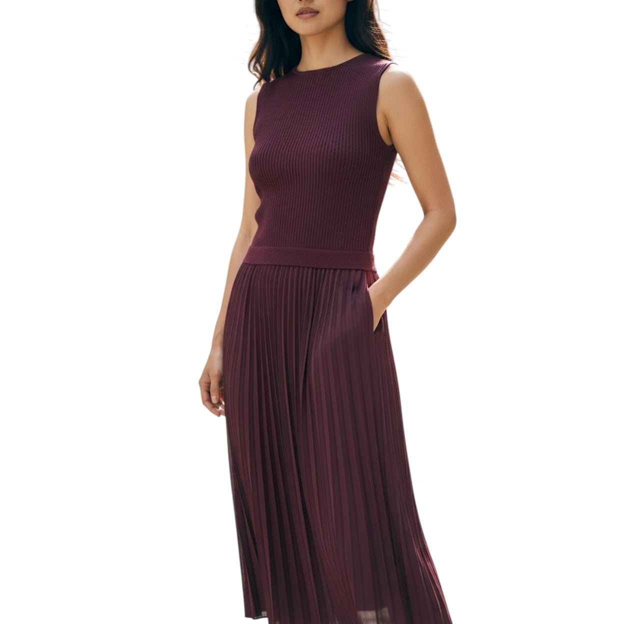 Taylor Twofer Burgundy Knit Satin Pleated Maxi Dress S Taylor Twofer Burgundy Knit Satin Pleated Maxi Dress S