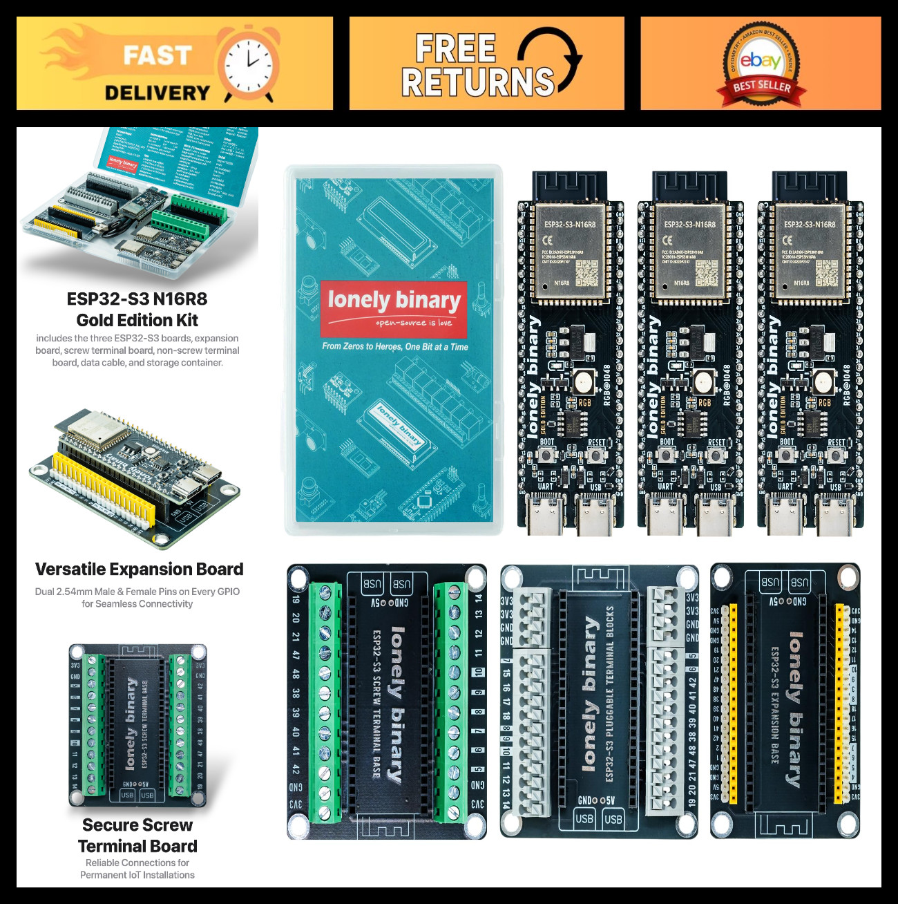 ESP32-S3 Gold Edition Kit - 3-Pack with 16MB Flash, 8MB PSRAM, Expansion Boards ESP32-S3 Gold Edition Kit - 3-Pack with 16MB Flash, 8MB PSRAM, Expansion Boards
