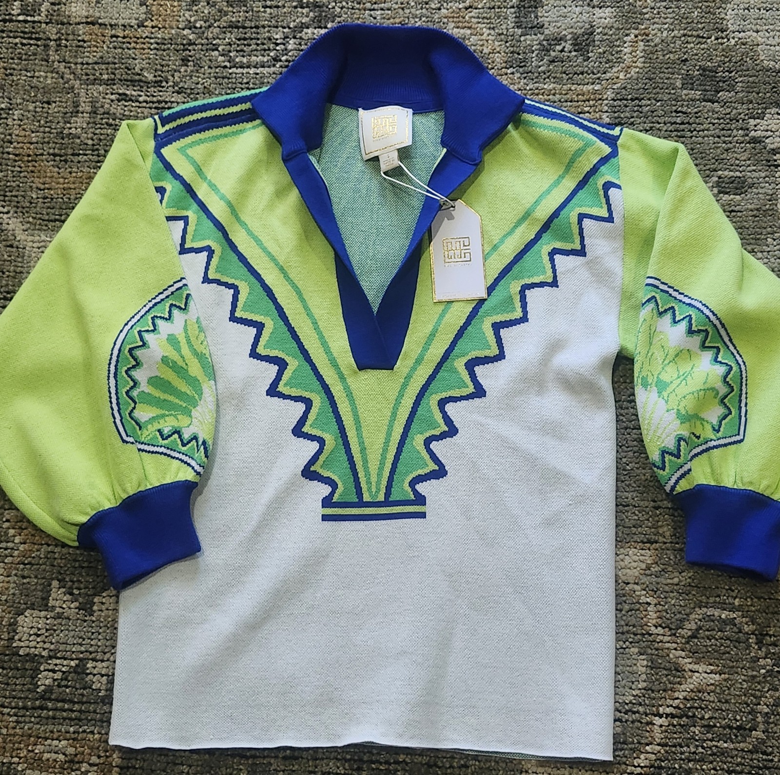 Emily McCarthy NWT Lolli Sweater Deco Palm Lime Green Blue Size S Retail $198