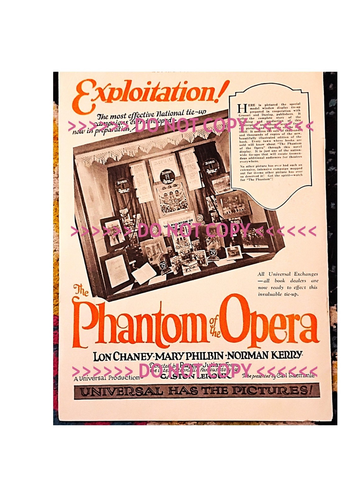 ORIGINAL 1925 PHANTOM OF THE OPERA SILENT FILM LON CHANEY AD POSTER