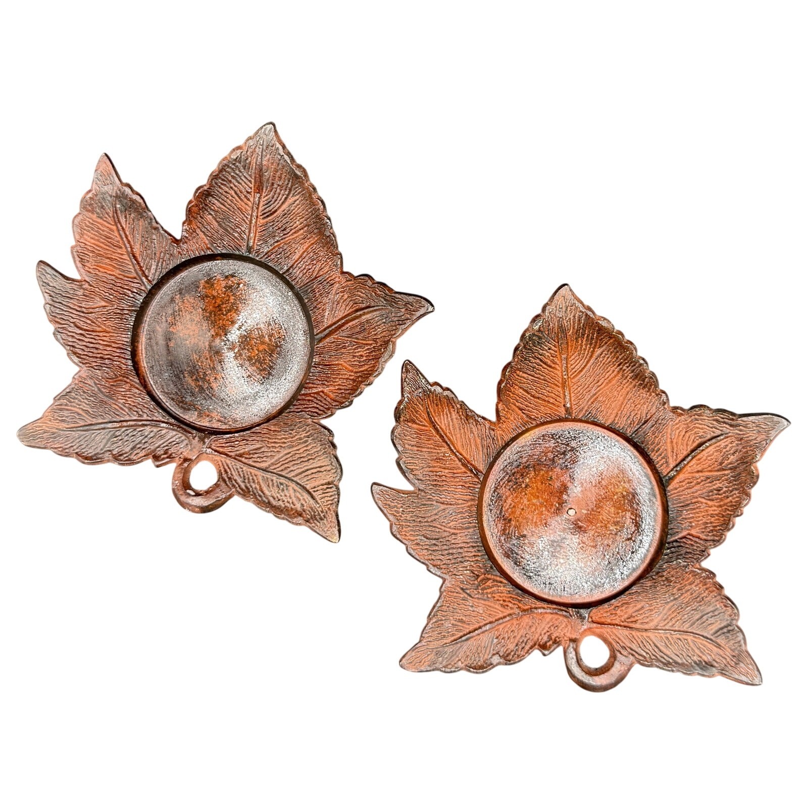 🍂 VTG Copper Leaf Candle Holders Pair Style Metal Home Decor Retro Cottagecore