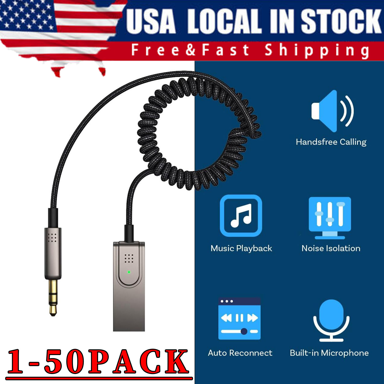 USA Aux to Bluetooth 5.1 Adapter 3.5mm Bluetooth Receiver Microphone for Car Lot USA Aux to Bluetooth 5.1 Adapter 3.5mm Bluetooth Receiver Microphone for Car Lot
