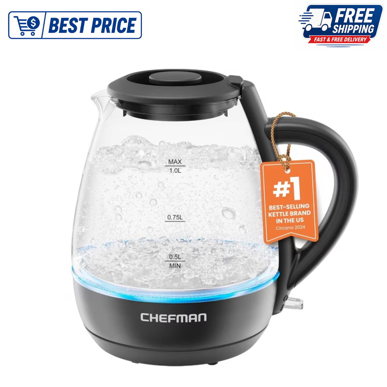 Chefman Fast Boil 1L Electric Kettle Cordless LED Black 1500W Glass Chefman Fast Boil 1L Electric Kettle Cordless LED Black 1500W Glass