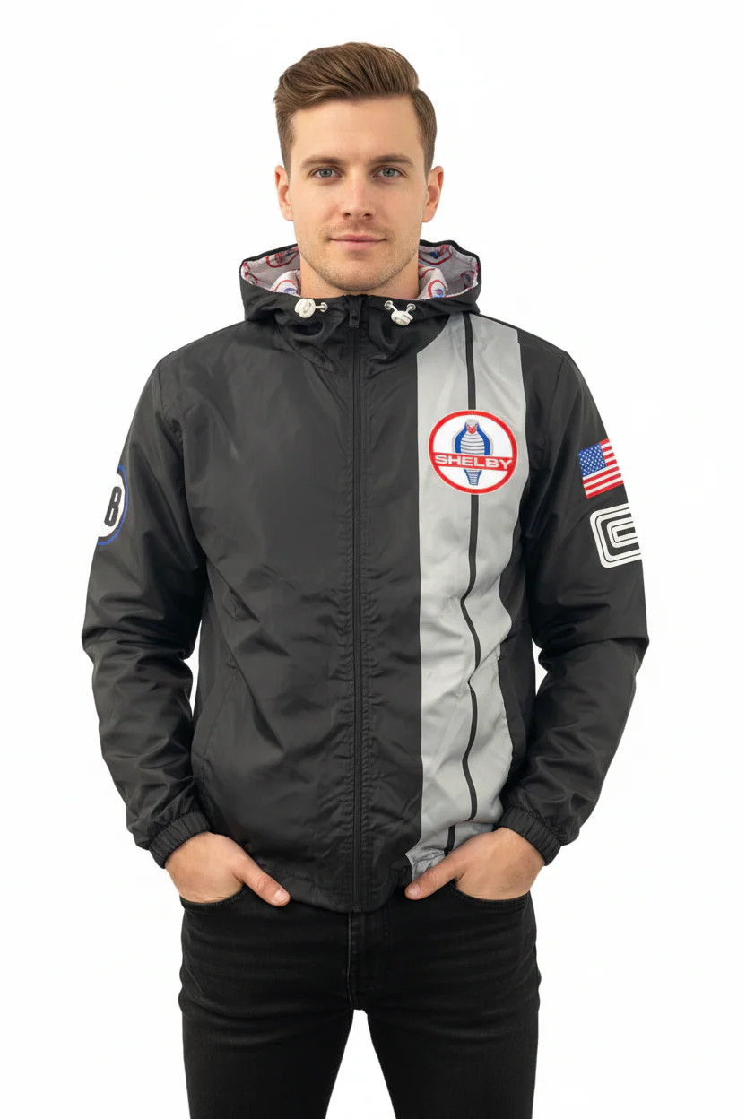 Shelby Cobra Officially Licensed Black Two Stripe Waterproof Windbreaker Shelby Cobra Officially Licensed Black Two Stripe Waterproof Windbreaker