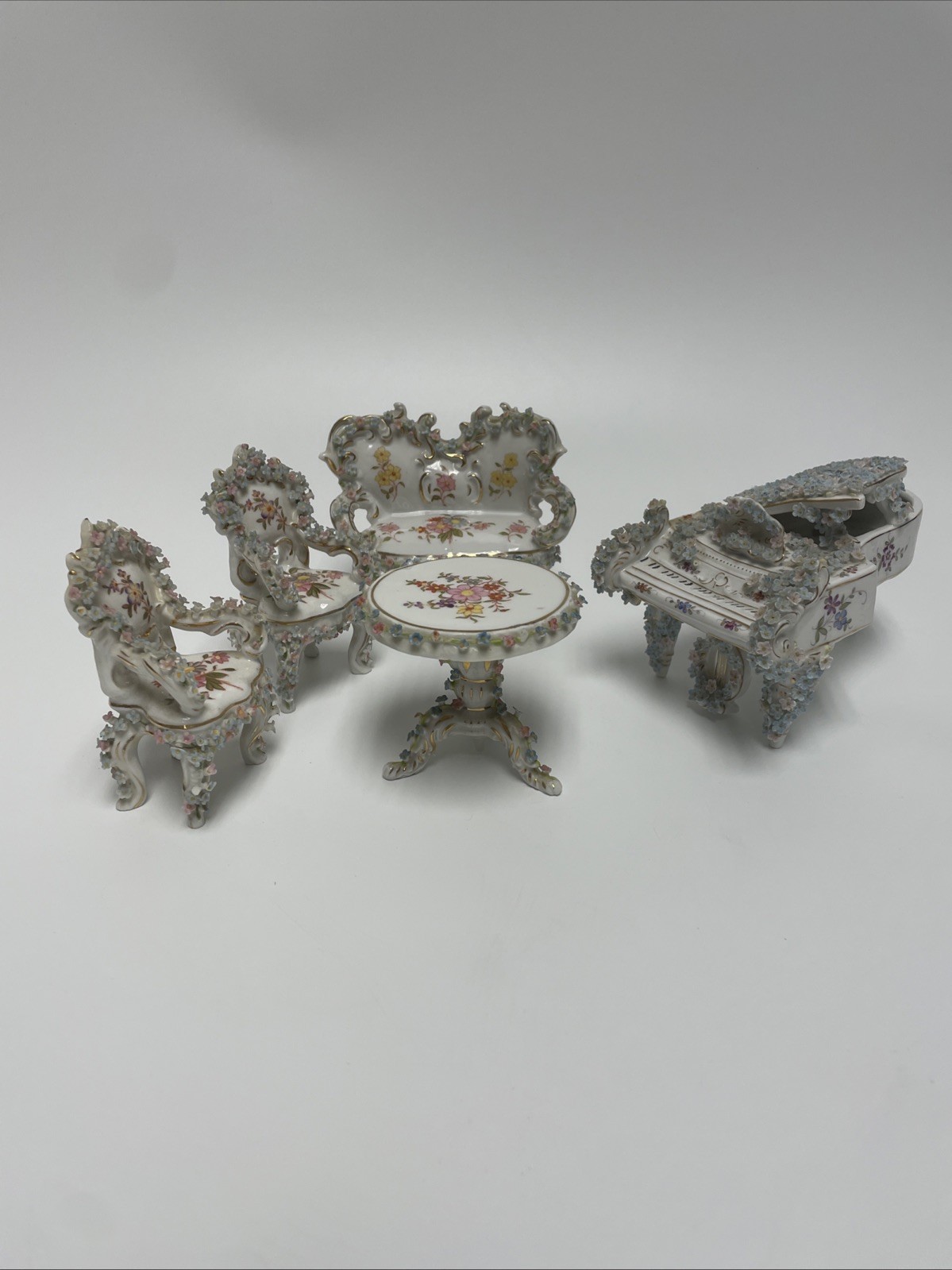 Antique German Dresden? Like Elfinware Mini Porcelain 4 Pc Parlor Set Chairs+ Antique German Dresden? Like Elfinware Mini Porcelain 4 Pc Parlor Set Chairs+