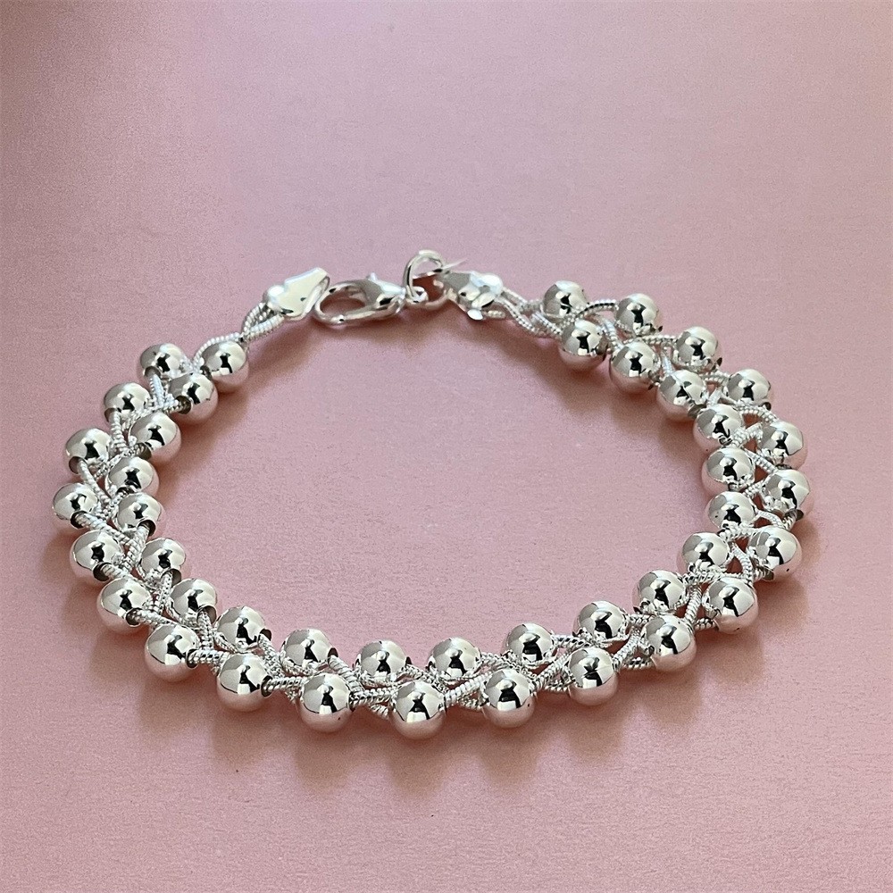 Silver Plated Perforated Round Bead Cluster Double Row Snake Chain Cuff Bracelet