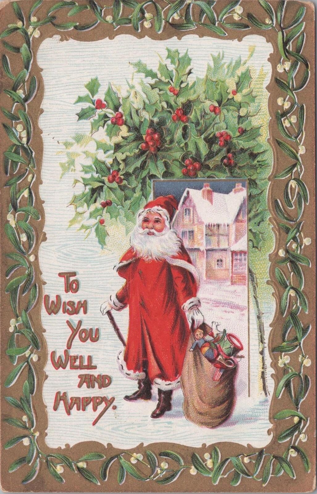 Antique German Embossed Christmas Postcard: Santa with Toys (1907-1915)