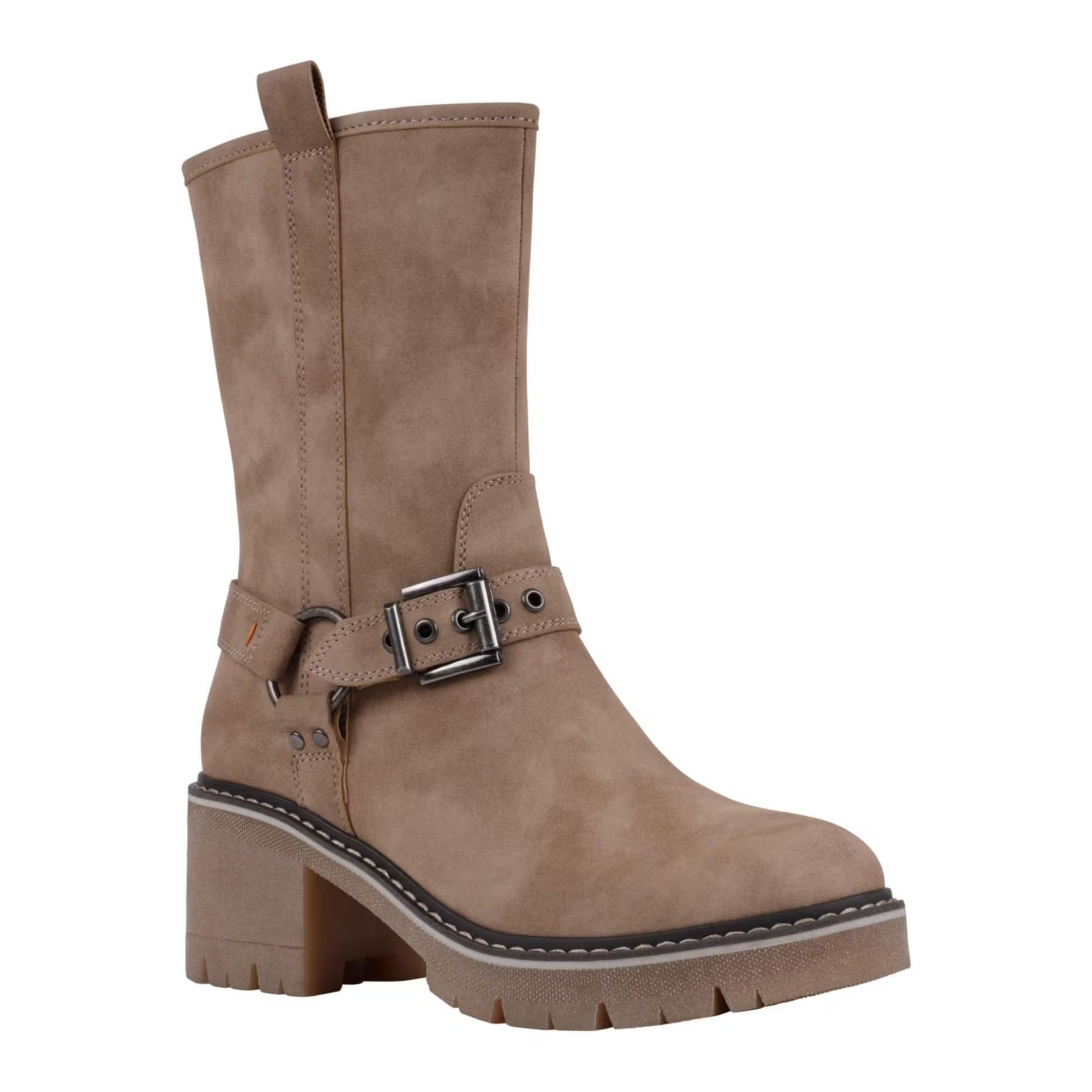 Women\'s Knox Buckle Lug Sole Block Heel Mid Calf Boots Beige SZ 8