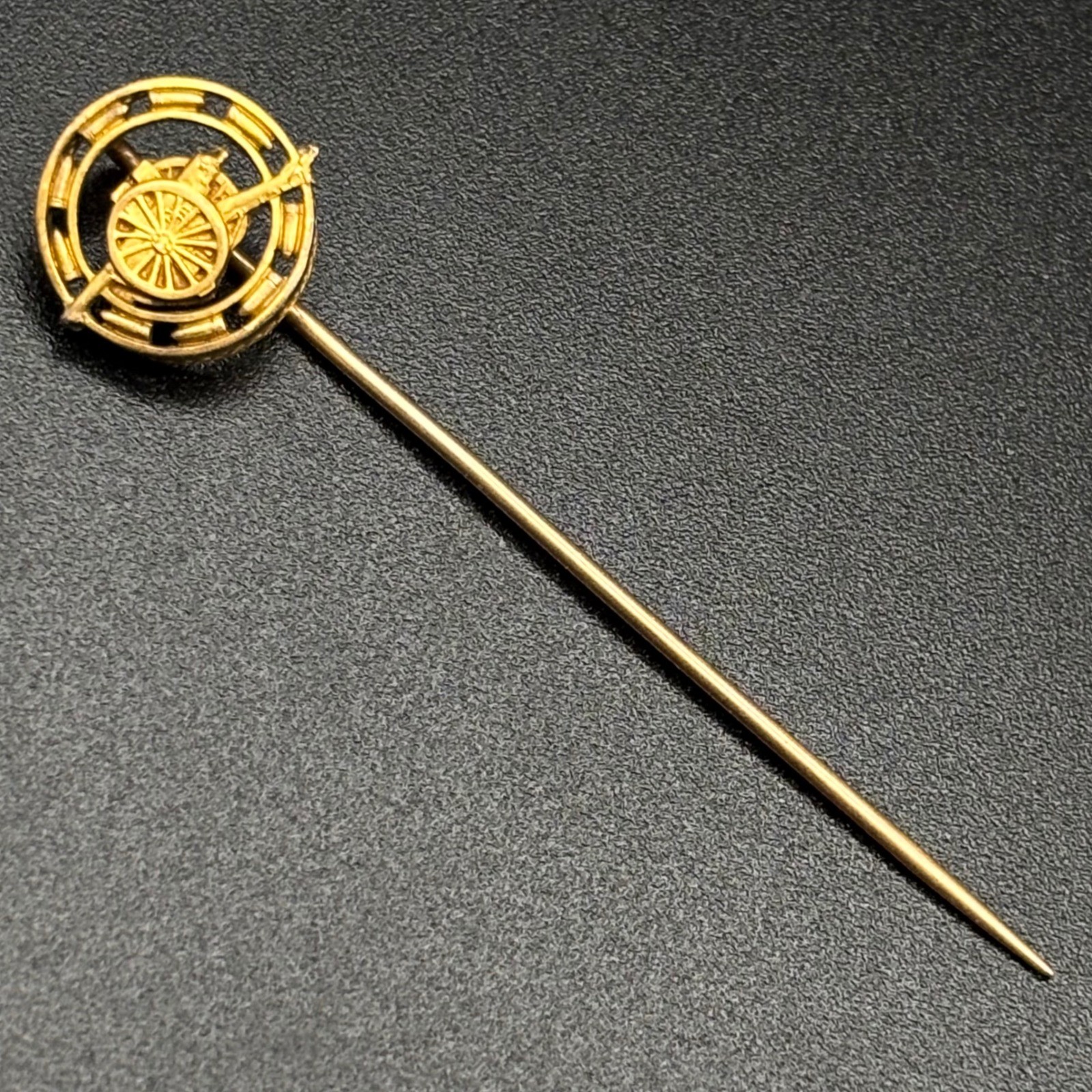 Vintage French Stick Pin Gold Plated Cannon Artillery Military Motif Signed FIX Vintage French Stick Pin Gold Plated Cannon Artillery Military Motif Signed FIX