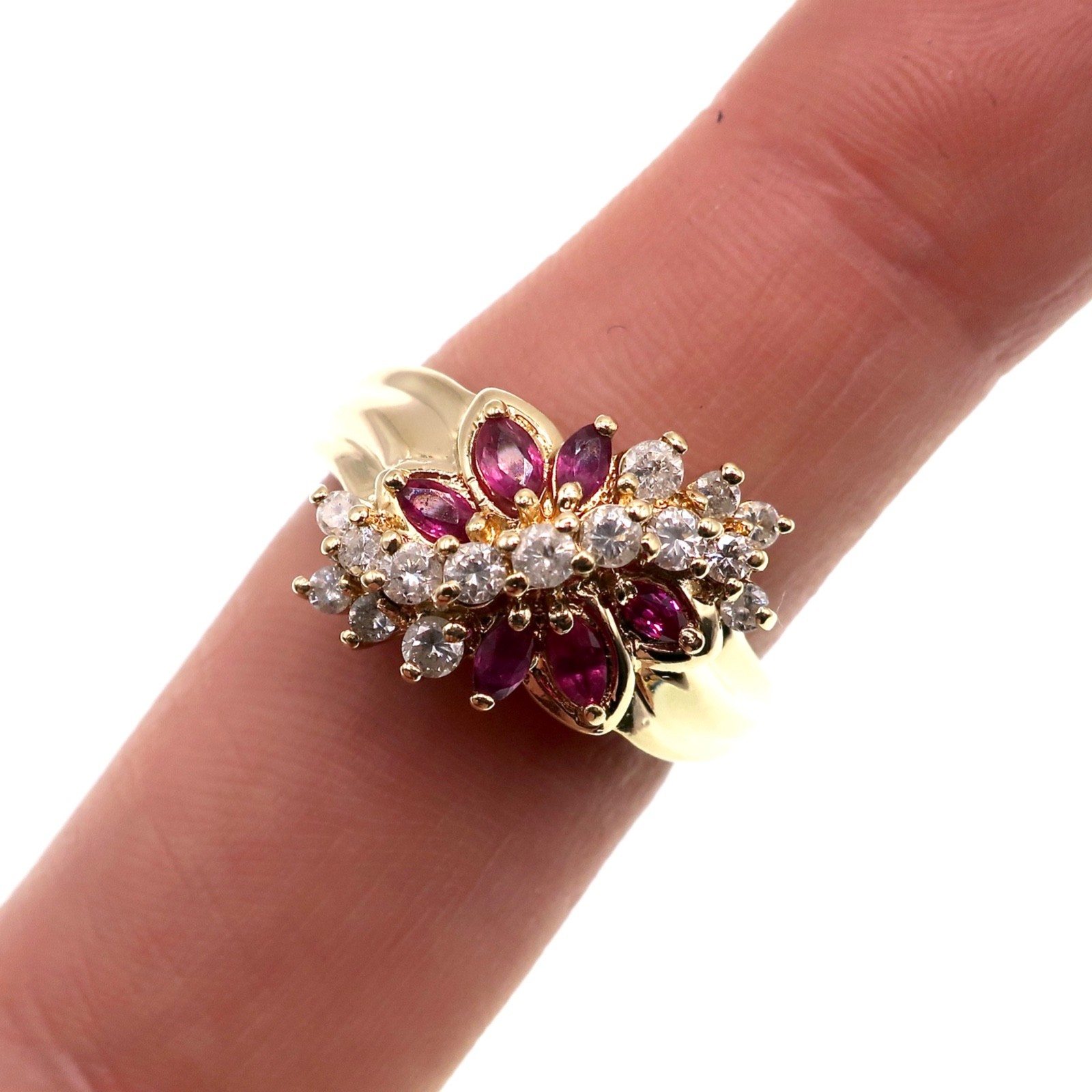 14K YELLOW GOLD Diamond and Marquise Ruby FLOWER CLUSTER Ring, Finger Size 7.25