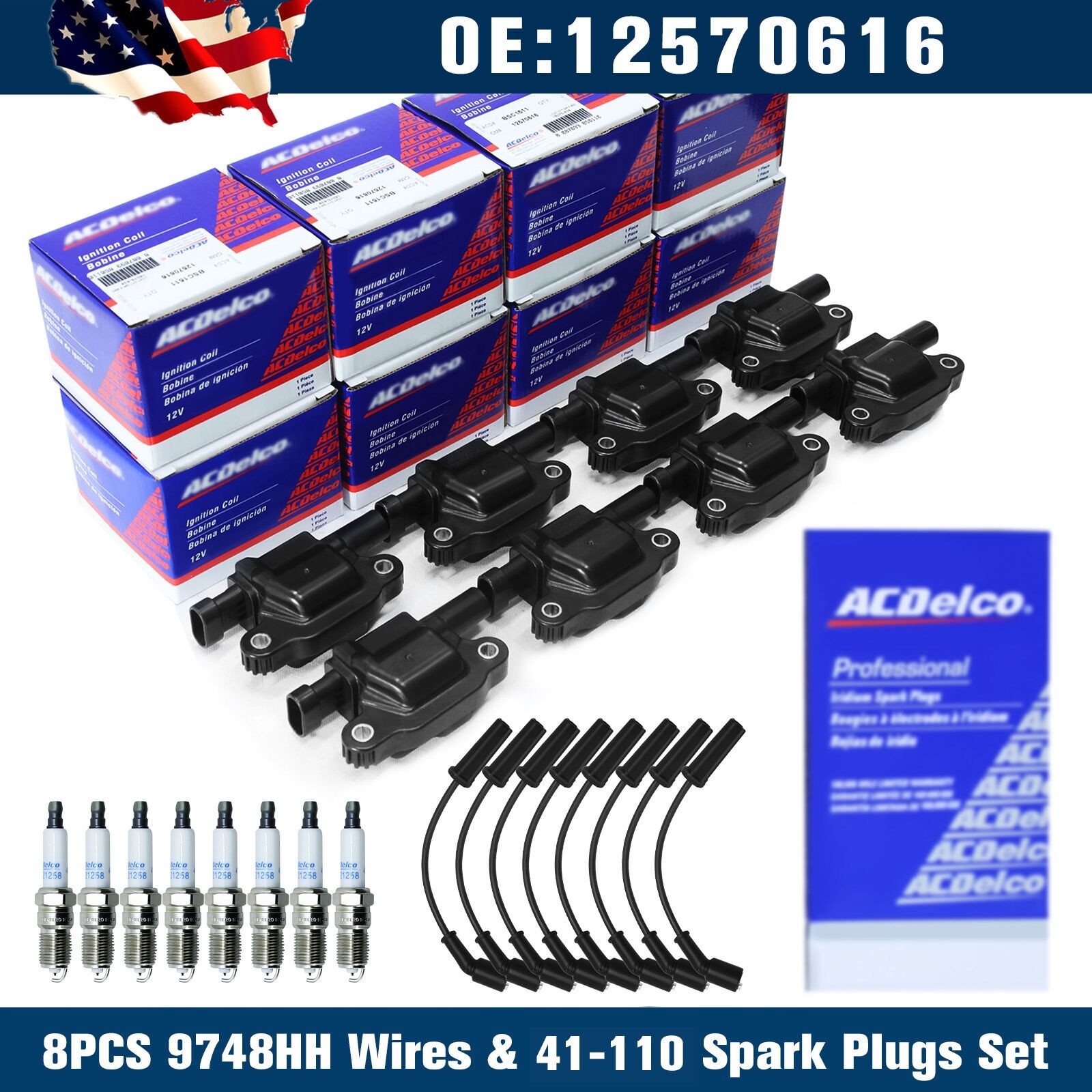 8PCS OEM UF413 Ignition Coil 8PCS 41-110 Spark Plug + 8PCS 9748UU Wire Fit. GMc 8PCS OEM UF413 Ignition Coil 8PCS 41-110 Spark Plug + 8PCS 9748UU Wire Fit. GMc