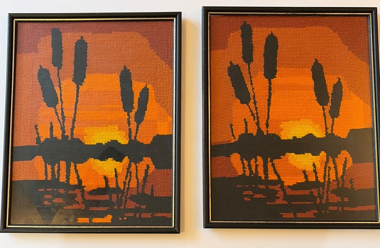 2 Matching Framed Vintage Needlepoint Sunset Wall Art Cattails 15x12 Handmade