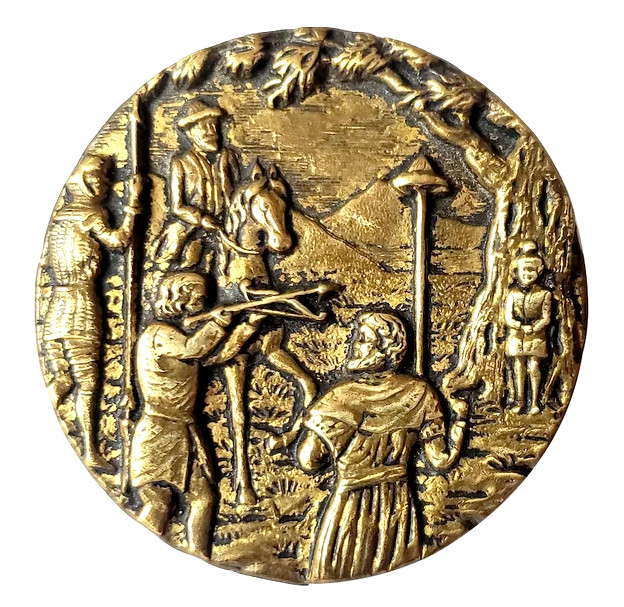 Rare Book Piece Large WILLIAM TELL Antique Metal Picture Button Bow Arrow Apple Rare Book Piece Large WILLIAM TELL Antique Metal Picture Button Bow Arrow Apple