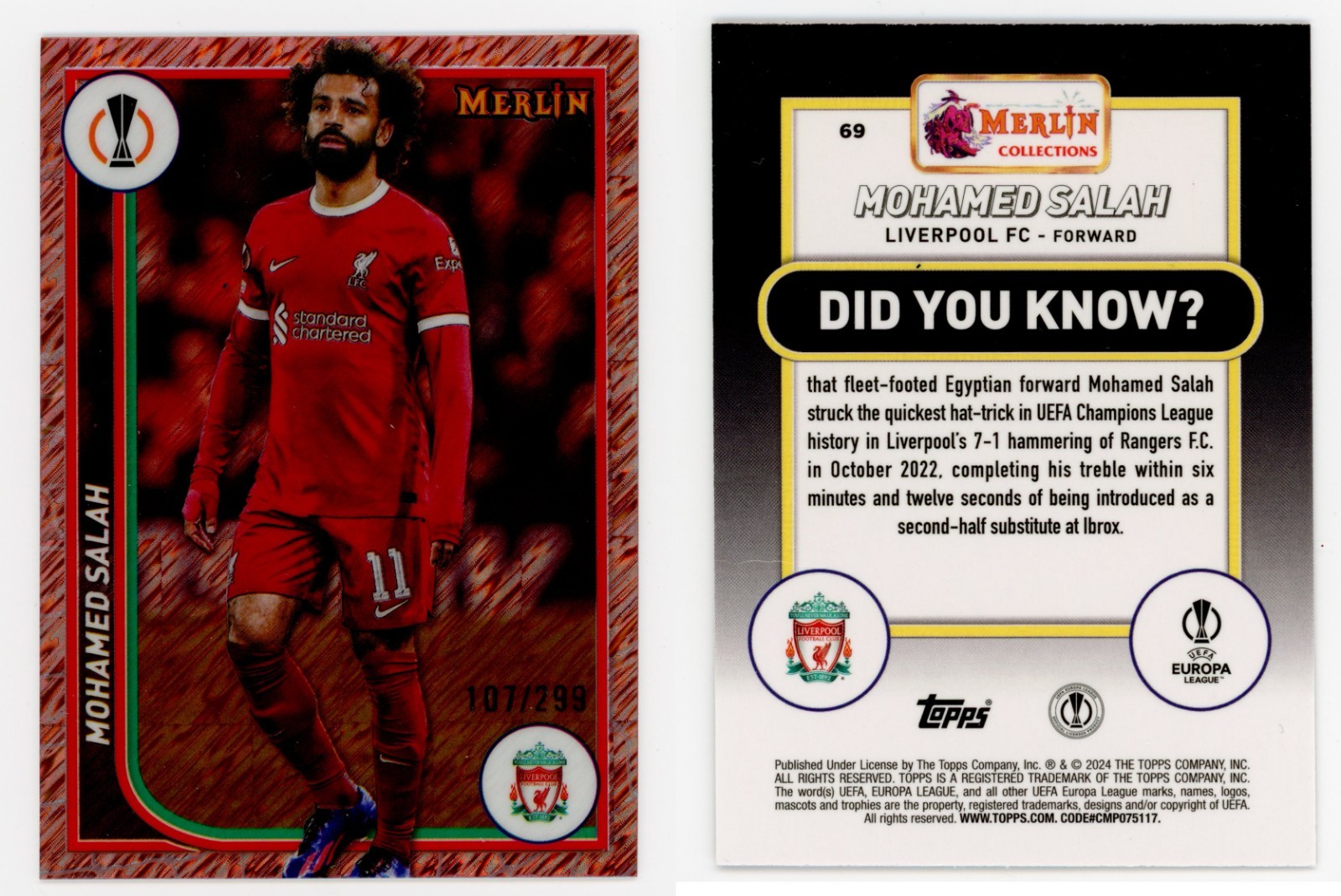 2023-24 Topps Merlin UEFA | Mohamed Salah Rose Gold Shimmer /299 | 107/299 #69 2023-24 Topps Merlin UEFA | Mohamed Salah Rose Gold Shimmer /299 | 107/299 #69