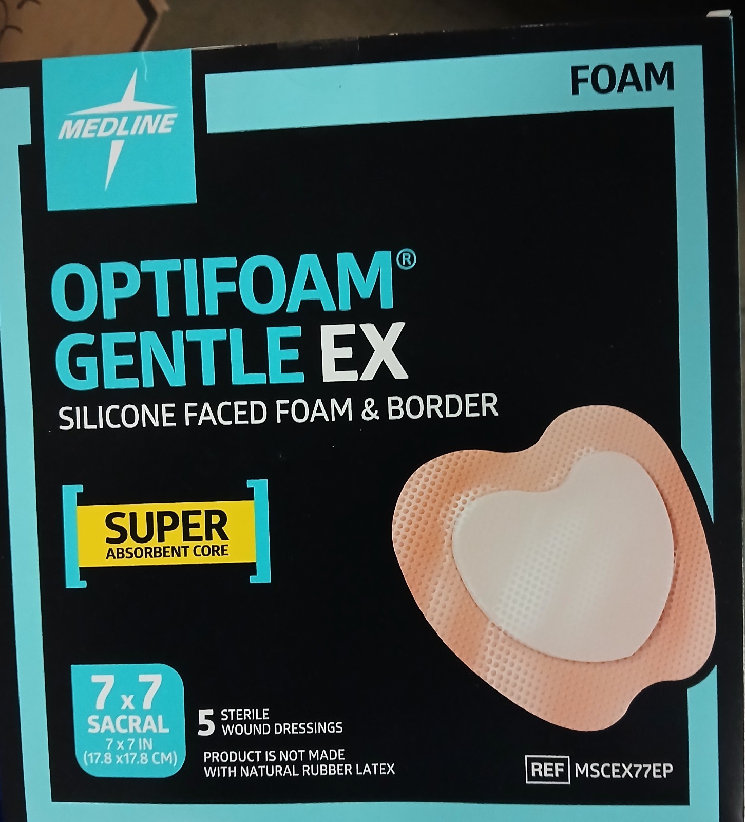 medline optifoam gentle ex 7x7 5 per box. 10 boxes available.