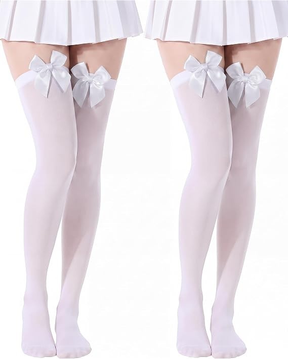 2 Pair Thigh High Stockings with Bow, Thigh High Socks Lace Ruffle Trim White