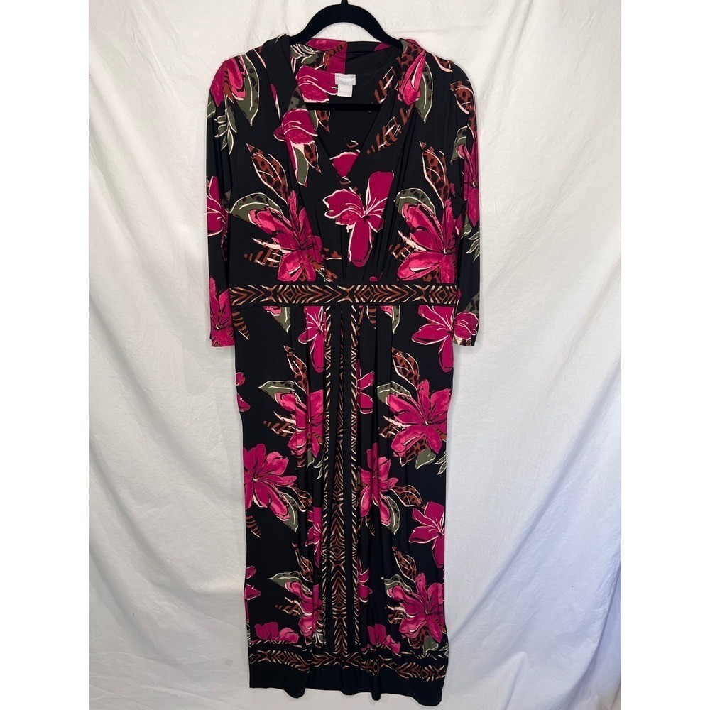 Chico\'s Maxi Dress Pleated Orchid Flower Print Sz 2 12/14 Resortwear Stretch EUC Chico\'s Maxi Dress Pleated Orchid Flower Print Sz 2 12/14 Resortwear Stretch EUC