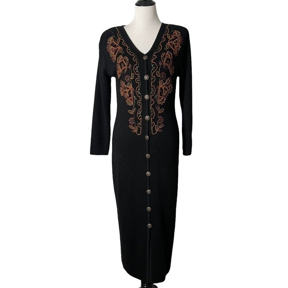 Vintage 90s Whimsigoth Midi Maxi Sweater Dress Womens MP Floral Embroidered Vintage 90s Whimsigoth Midi Maxi Sweater Dress Womens MP Floral Embroidered