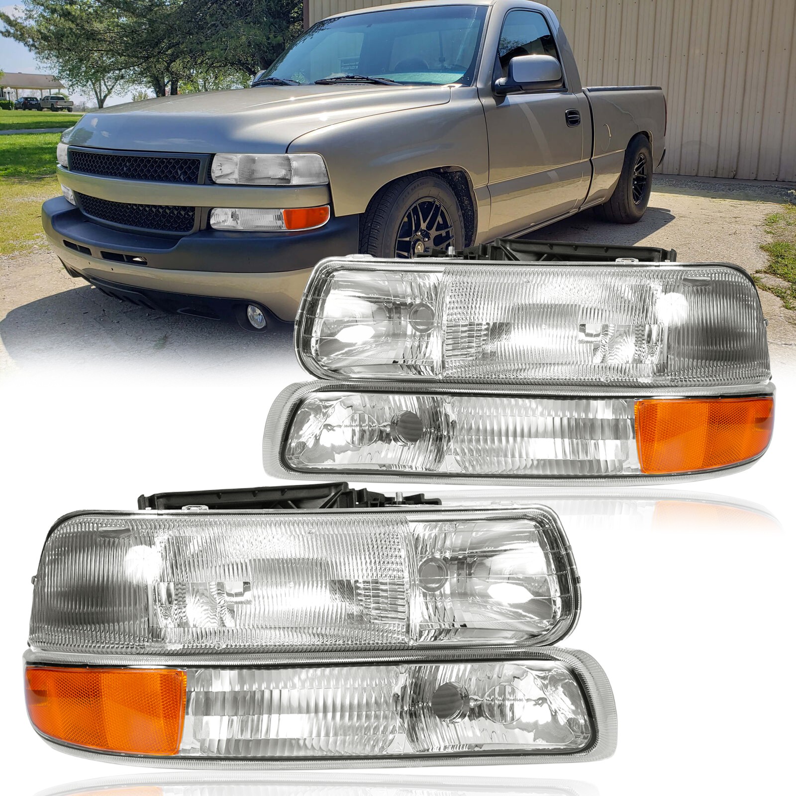 Headlights w/ Bumper Light Headlamps for 99-02 Silverado 00-06 Tahoe Suburban Headlights w/ Bumper Light Headlamps for 99-02 Silverado 00-06 Tahoe Suburban