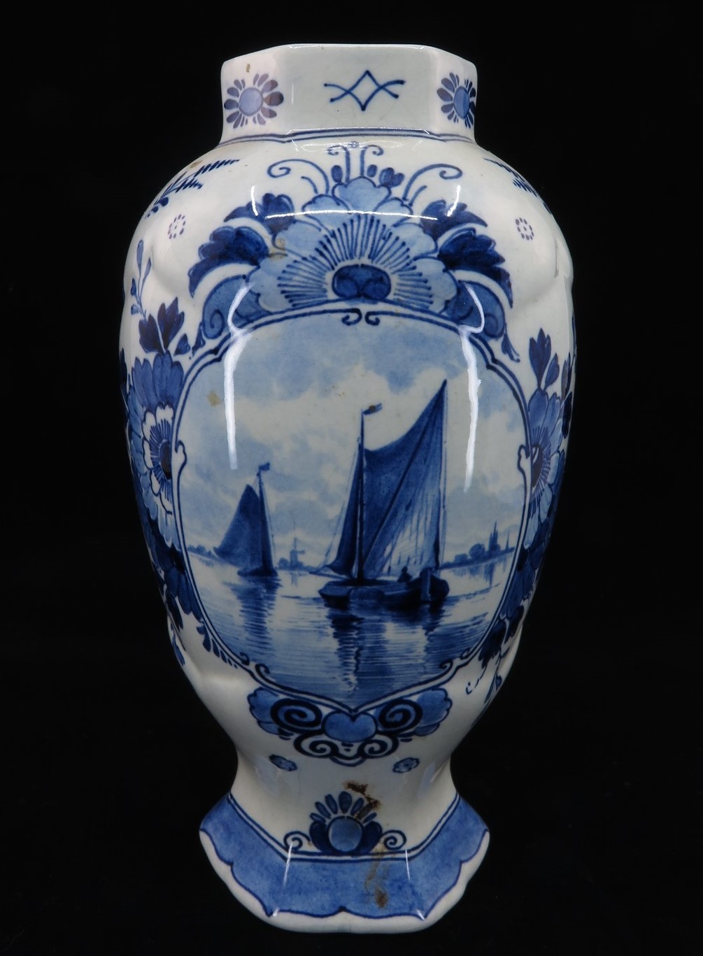 1800s Royal Delft Ware Faience Hexagonal Top Vase w. Floral Relief & Date Y1 8 1800s Royal Delft Ware Faience Hexagonal Top Vase w. Floral Relief & Date Y1 8