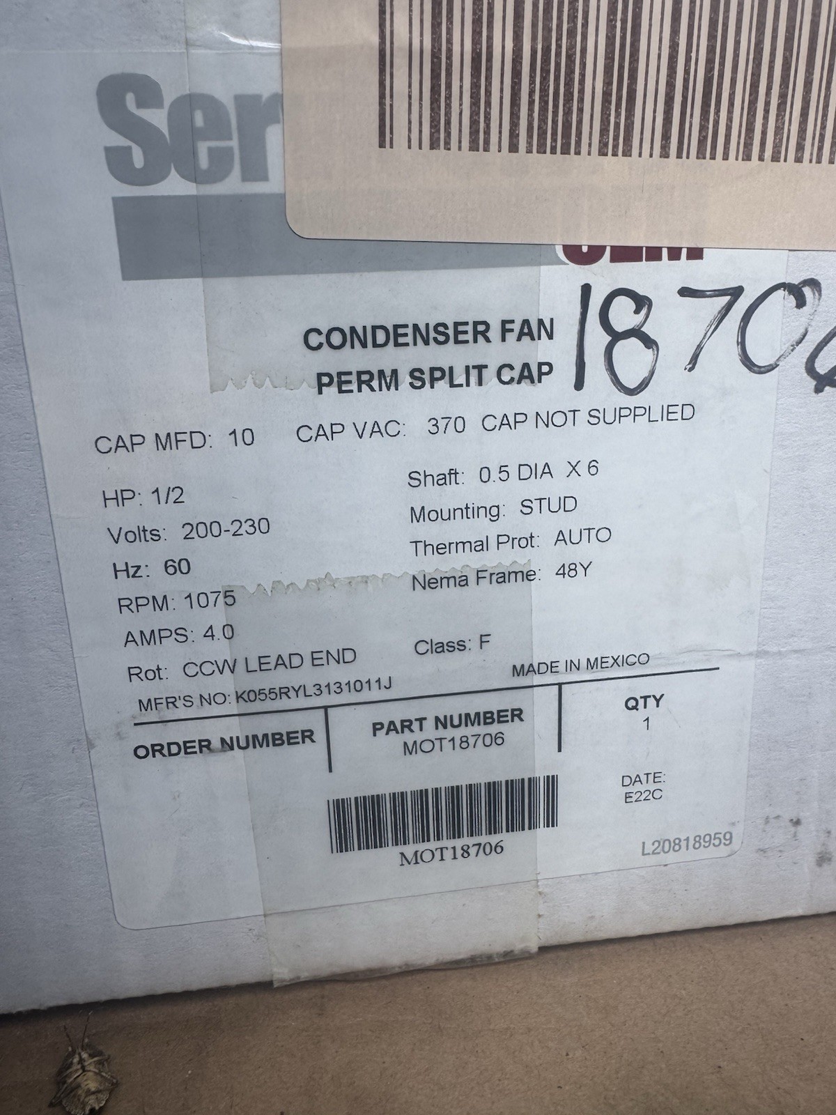 ServiceFirst Condenser Fan Motor 1/2 HP 200-230V 4.0A 1075RPM MOT18706