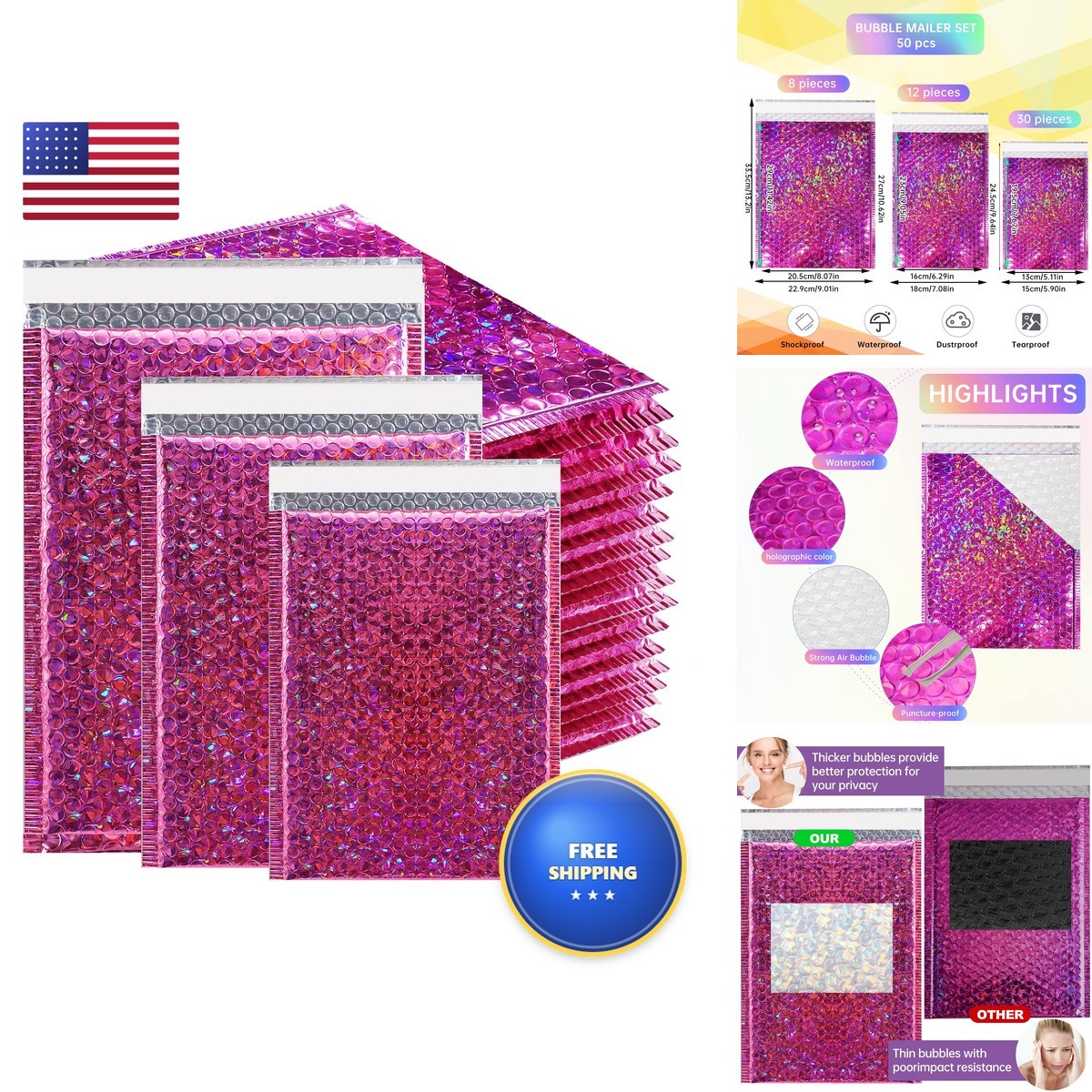50 Pcs Metallic Holographic Bubble Mailers Rose Red 50 Pcs Metallic Holographic Bubble Mailers Rose Red