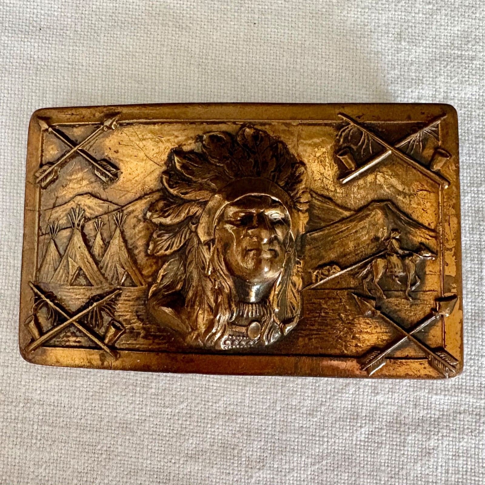 Vintage 1940s Robbins Co. Geo. Thoresen American Indian Chief Bronze Belt Buckle