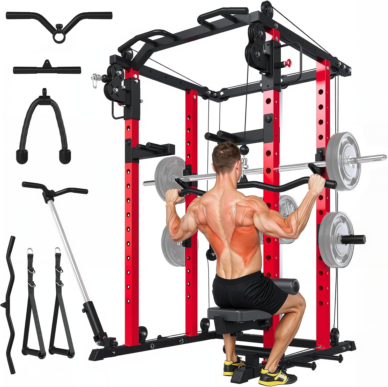 Power Rack and Smith Machine, Multi-Functional Power Cage with LAT Pulldown Power Rack and Smith Machine, Multi-Functional Power Cage with LAT Pulldown