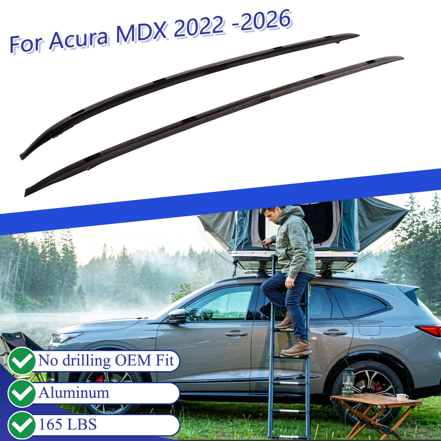 US Stock Black Roof Rack Rails Side Rails for 2022-2026 Acura MDX Cargo Carrier