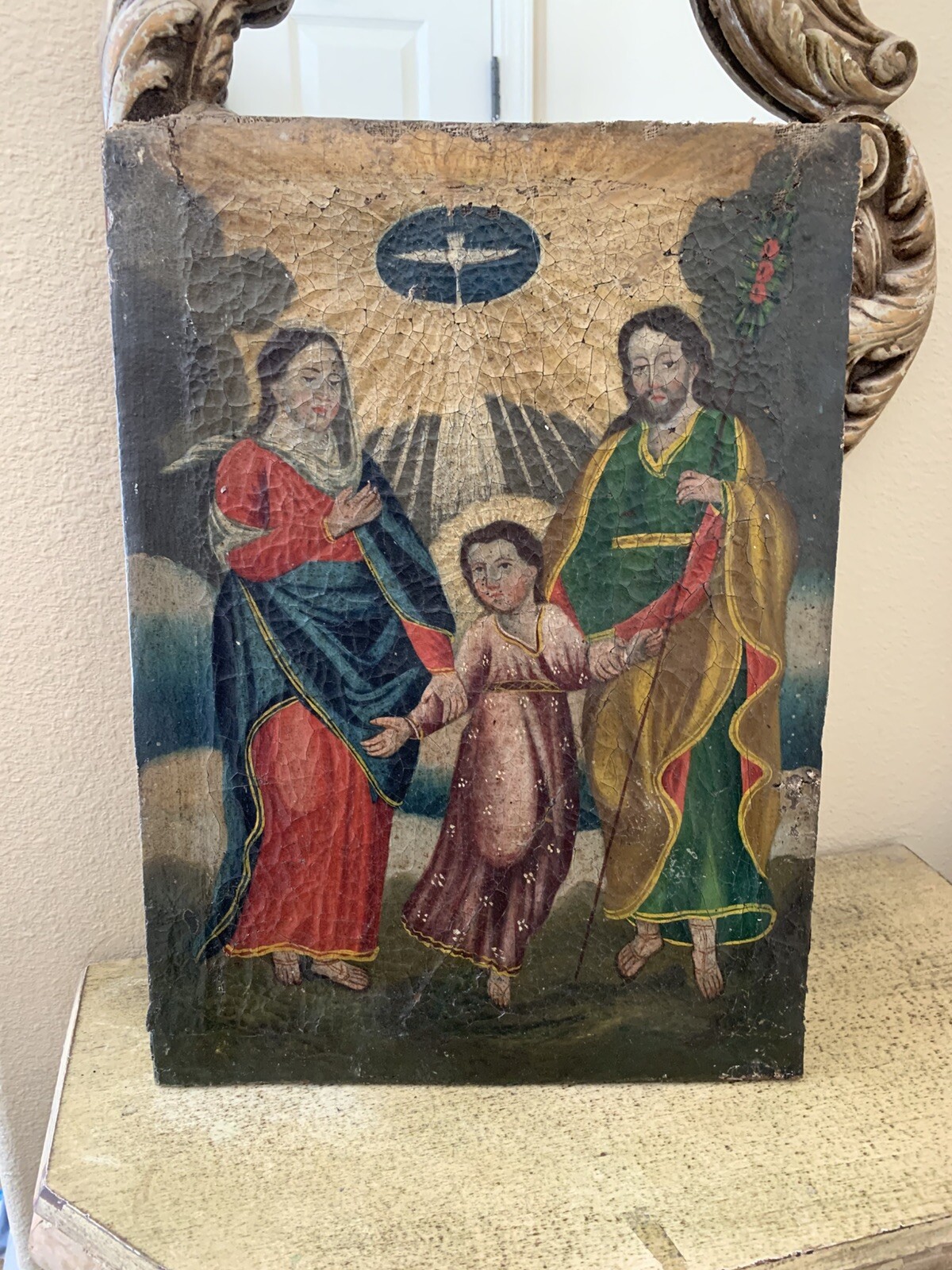 Early 19th Century Spanish Colonial Antique Oil Painting Of The Holy Family Early 19th Century Spanish Colonial Antique Oil Painting Of The Holy Family