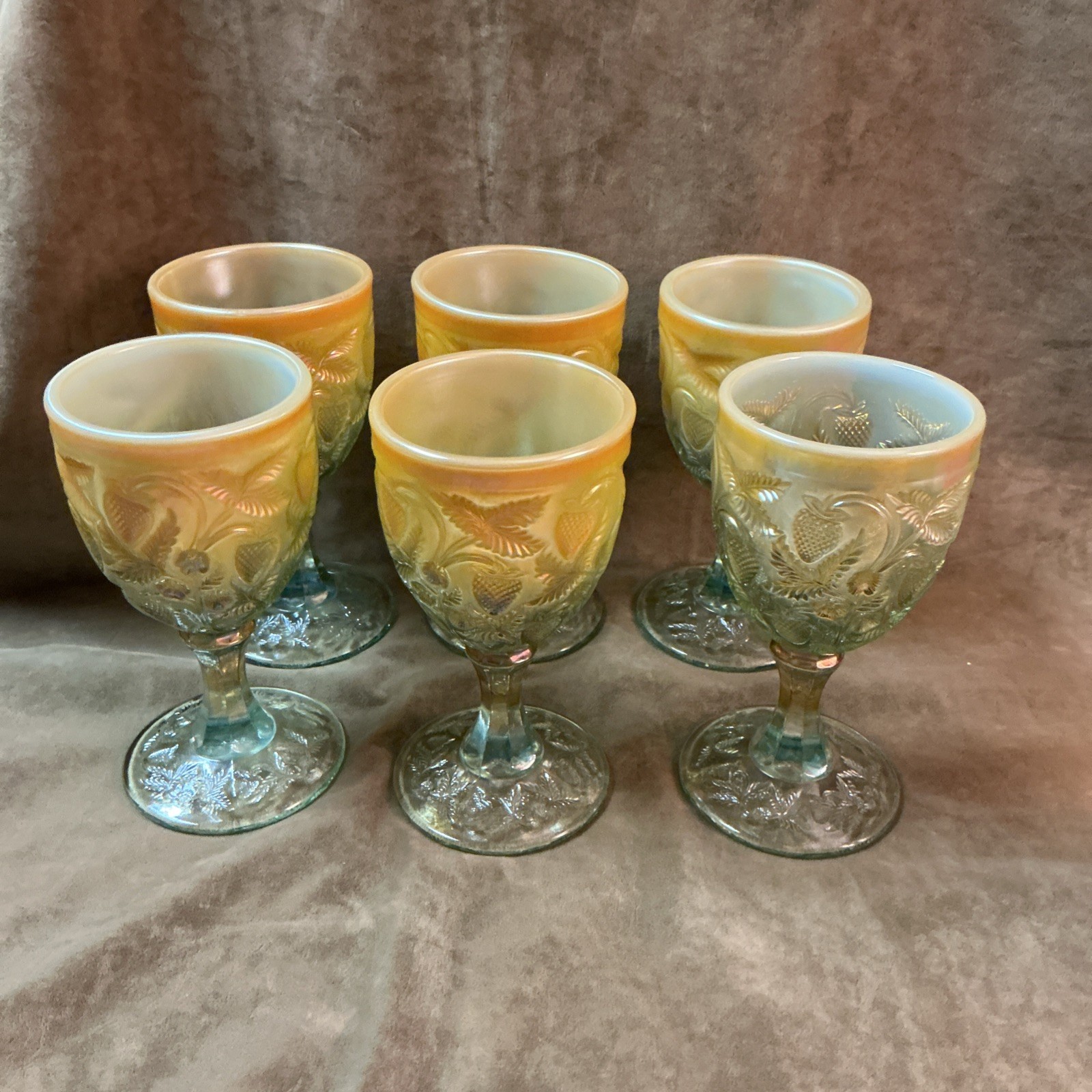 Vintage 1980s Fenton Aqua opal carnival glass inverted strawberry Levay goblets Vintage 1980s Fenton Aqua opal carnival glass inverted strawberry Levay goblets